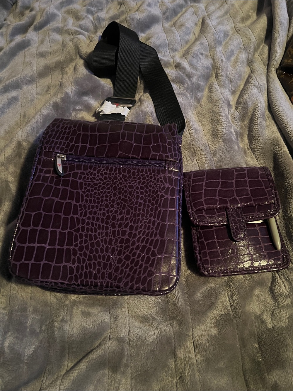 Travelon Deep Purple Croc-Embossed Crossbody with Matching Pouch